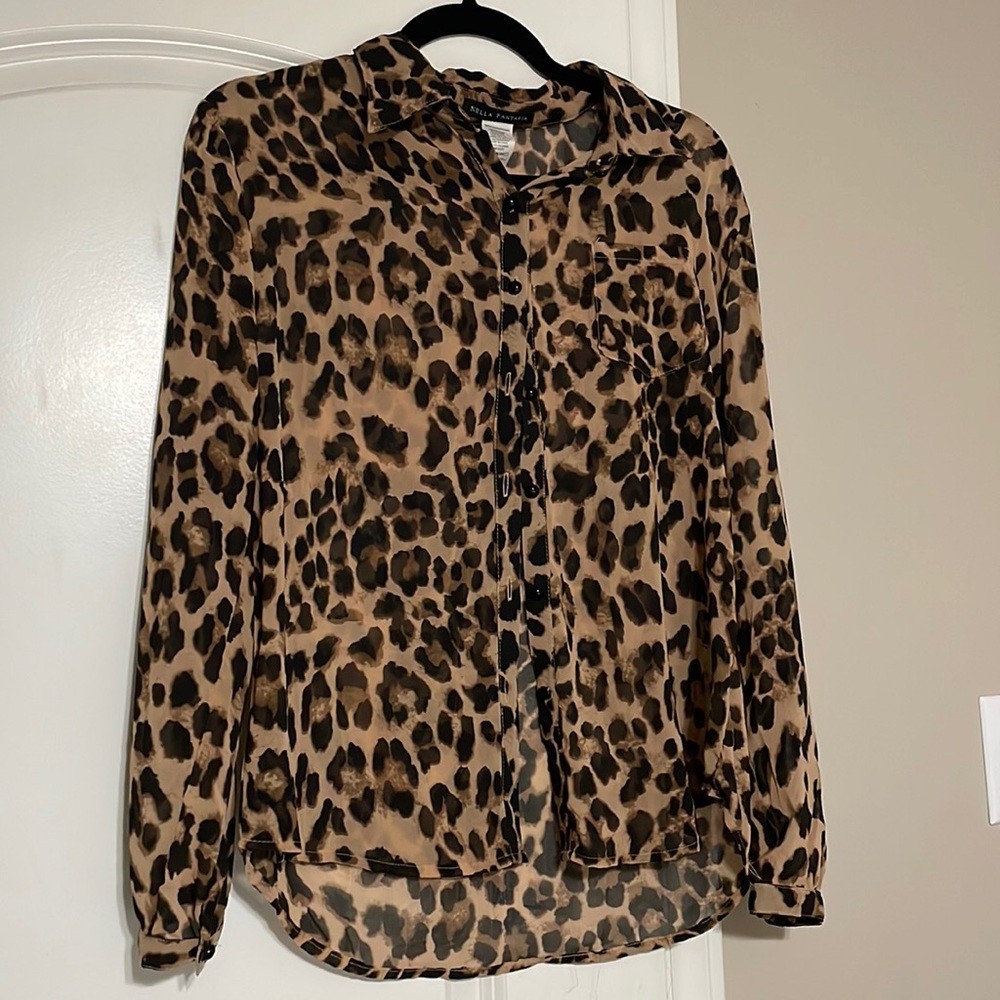 Leopard sheer button down long sleeve blouse